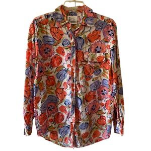 PS Studio Women's Silk Floral Button Down Shirt‎ Medium Long Sleeve Blouse